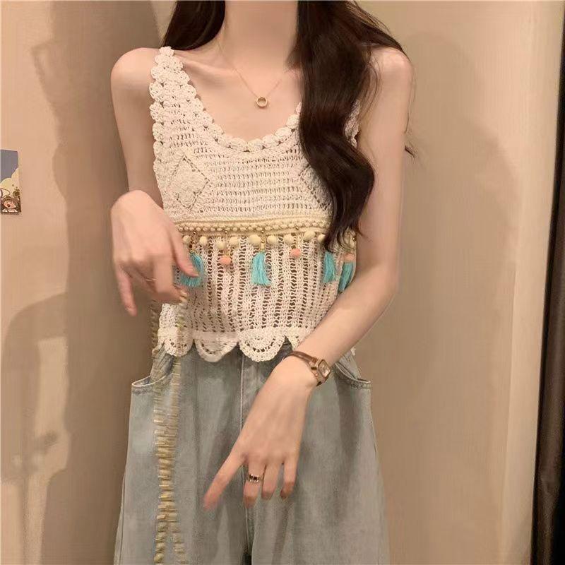 Retro háčkovaná vesta bez rukávů se střapcem pro ženy se smyslem pro design Přiléhavý krátký vydlabaný košilkový top v létě