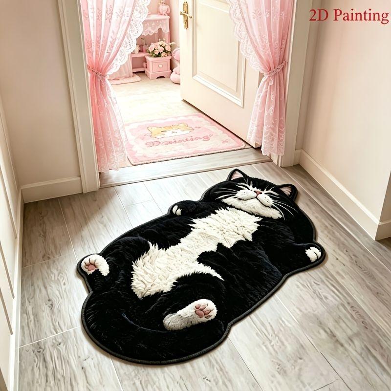 Cute Tuxedo Cat Shaped Rug Realistic Lying Cat Print Irregular Non‑Slip Mat for Bedroom Doorway Indoor Home Decoration