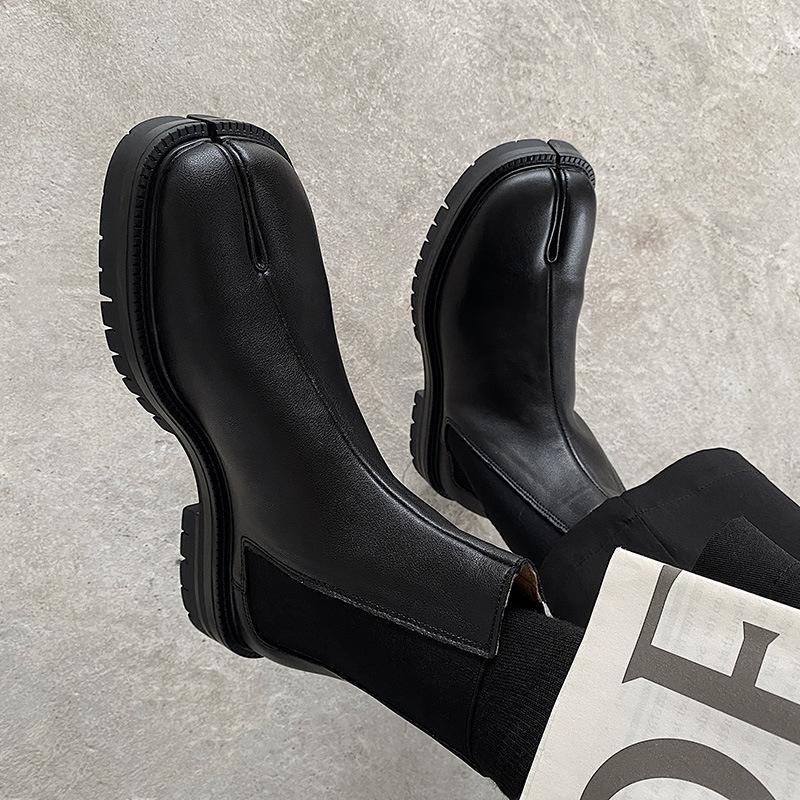 Genuine leather Split-toed Boots Mid-tube Chelsea Boots Men's and Women's Couples High-top Set of Split-toed Leather Shoes