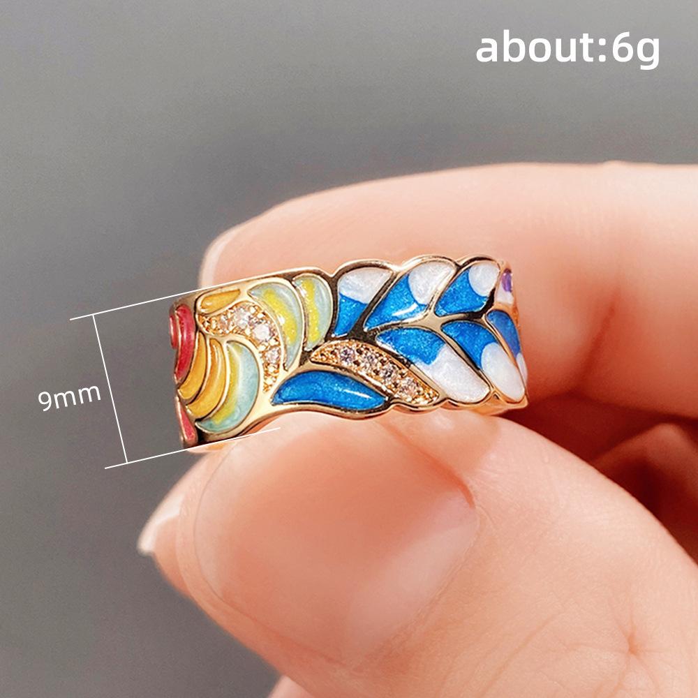 Huajie Trendy Copper Gold-Plated Drip Oil Ring with European, American, and Punk Influences in Blue and White Porcelain Pattern