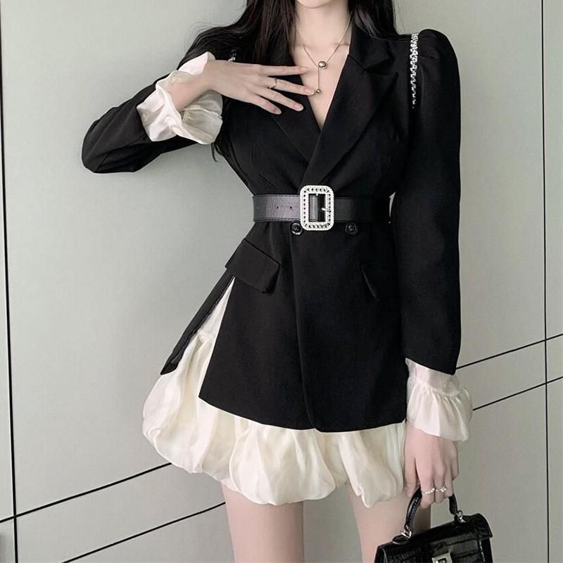 Womens Diamond-embellished Suit Set Fitted Blazer High-waist Mini Skirt Two-piece