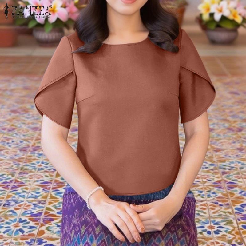 ZANZEA Women Casual Round Neck Summer Short Sleeve Plain Blouse