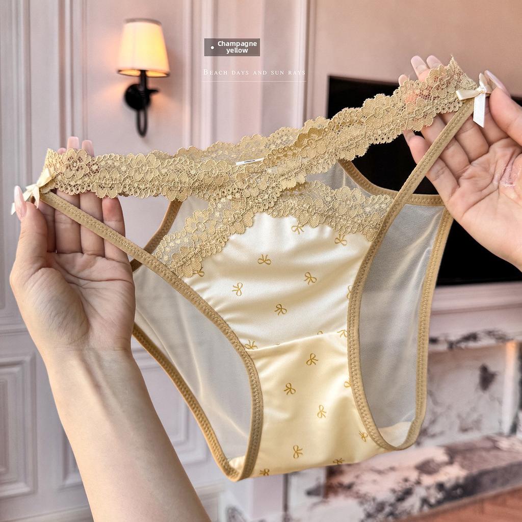 Lady Spring and Summer Sexy Leopard Print Mesh Lace Bow Satin Hollow Cross Thin Belt Briefs
