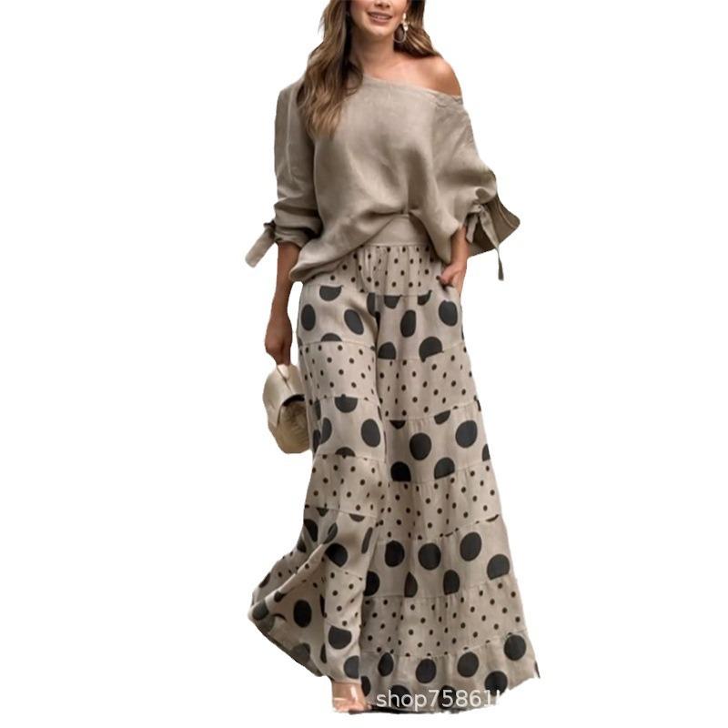 Mode High Street Outfits 2-teiliges Set Sexy schräger Ausschnitt einfarbige Bluse + Weitbeinige Hosen Sets Elegantes Polka-Dot-Muster Damenanzug