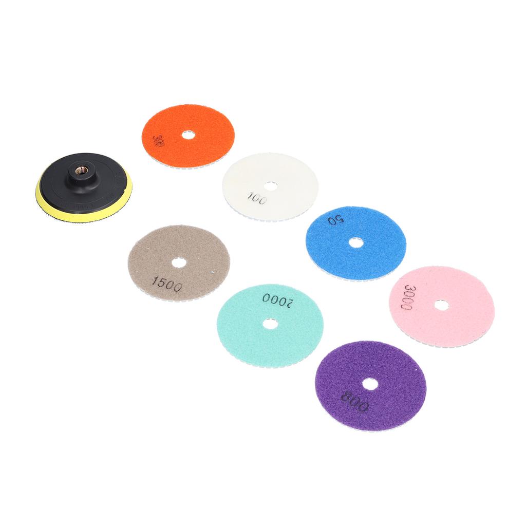 7Pcs Diamond Polishing Pads Wet Dry Polish Kit Grit 1Pc Backer Grinding Granite Marble 4in