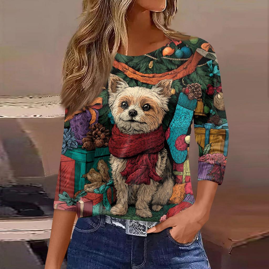 3/4 Sleeve Shirts For Women Print Graphic Tees Blouses Casual Plus Size Basic Tops Pullover