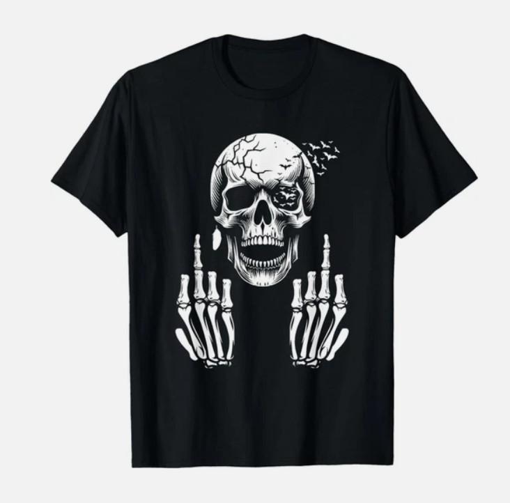 Skull Skeleton Middle Finger T- Funny Adult Humor Biker Gothic Tee Unisex T-Shirt S