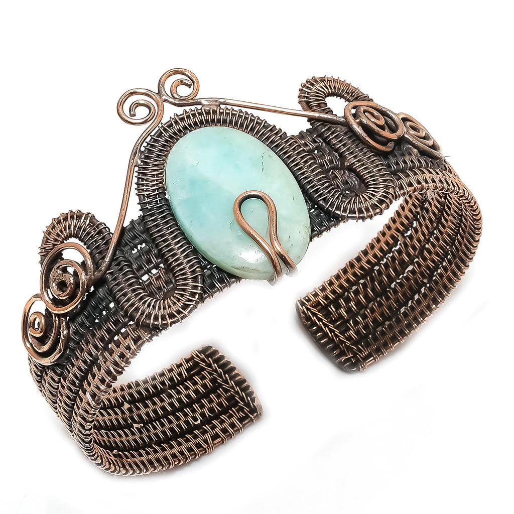 Amazonite Bangle 999 Copper Wire Wrapped Cuff Bracelet, Adjustable Bangle Gemstone Jewelry, Gift For Mom Handmade Brand, New Jewelry