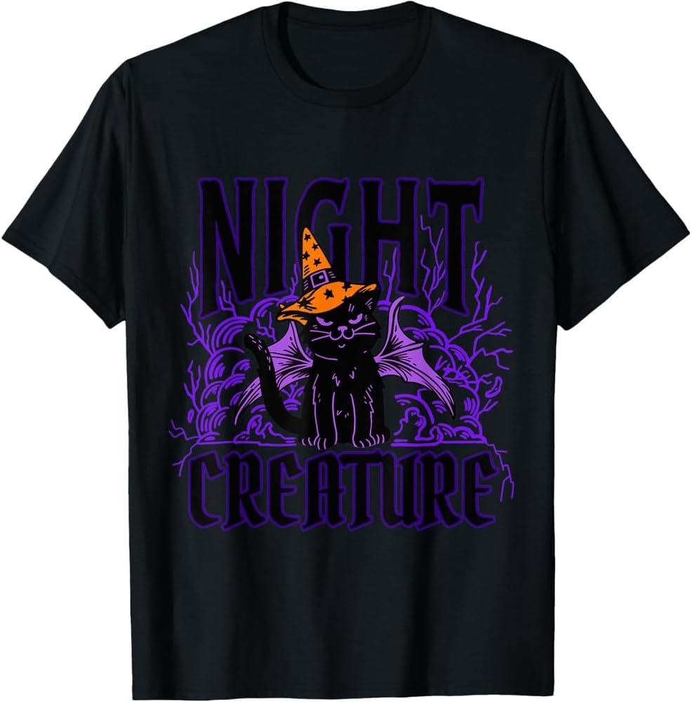 Night Creature Halloween Black Cat Witch Hat T Shirt 4XL чёрный