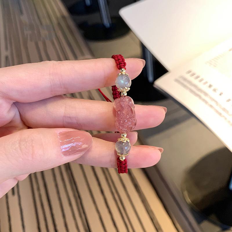 

Natural Strawberry Quartz Pixiu Bracelet for Women, Red Woven Rope, Zodiac Gift for Best Friend Red Rope