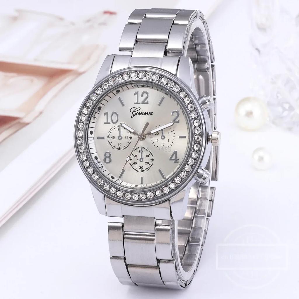 Luxury Quartz Watch Women Business Fashion Casual Round Rhinestone Rhinestone Silver Stainless Steel Strap Watch