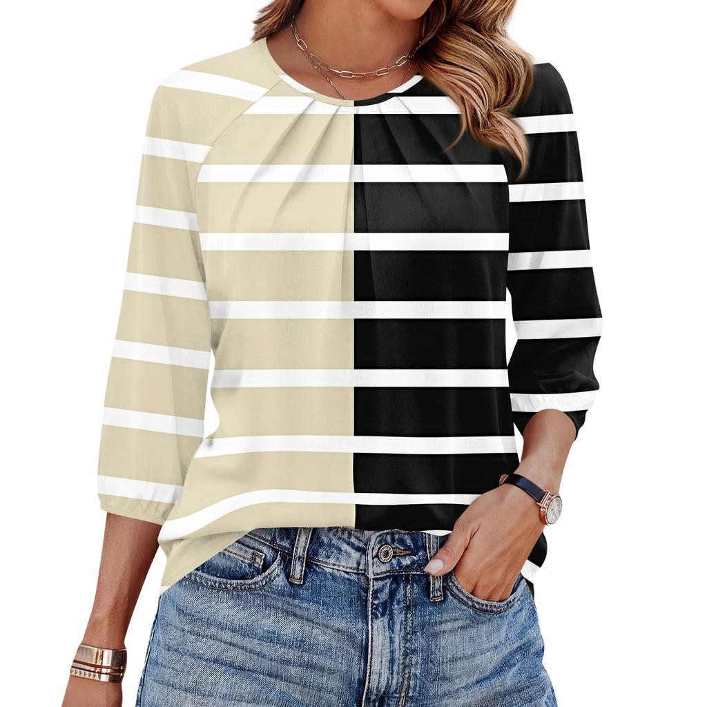 Women Geometric Print 3/4 Sleeve Round Neck Pleated Casual Loose Fit T-Shirt Top for Daily Wear