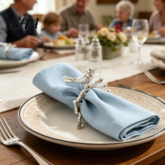 Wedding Napkin Rings Ring, Vintage Branch & Bird Design with Gold Finish, Open-End Holder for Elegant Clip Cloth Linen Dinner Napkins, Banquet