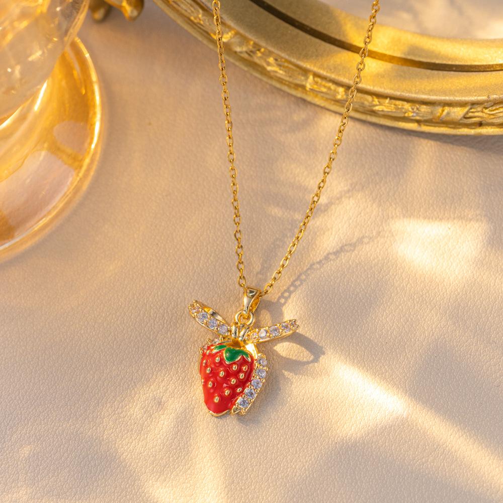Women Girls Sweet Cute Strawberry Series Pendant Necklace Stainless Steel Chain Lovely Strawberry Fruit Jewelry Accessories Gift