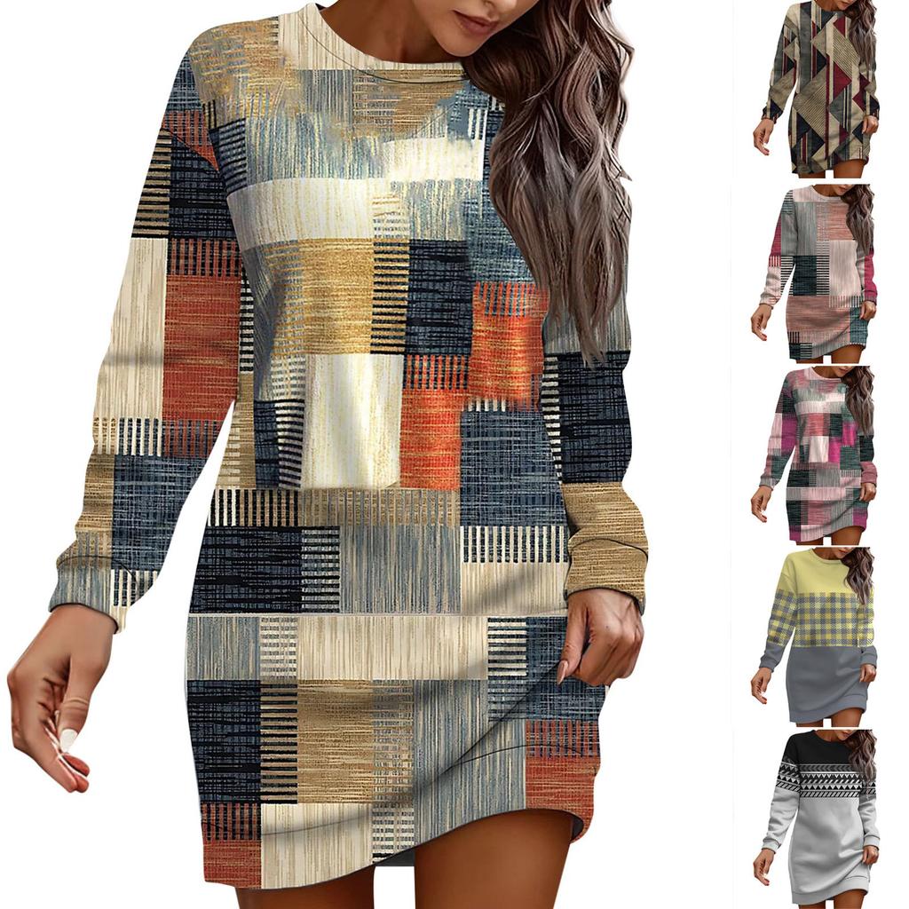 Long Sleeve Dress For Women Casual Printed Pullover Hip Pack Dress Sweater Dress