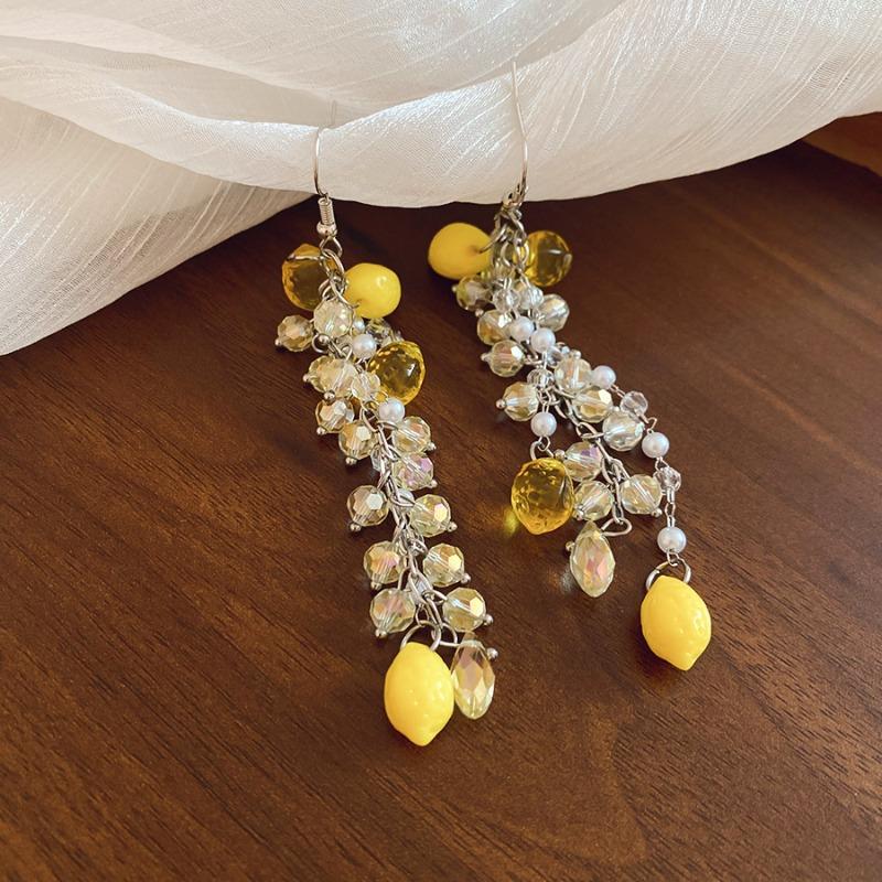 European and American pearl crystal resin lemon fringed earrings necklace set beach vacation style light luxury high-end jewelry