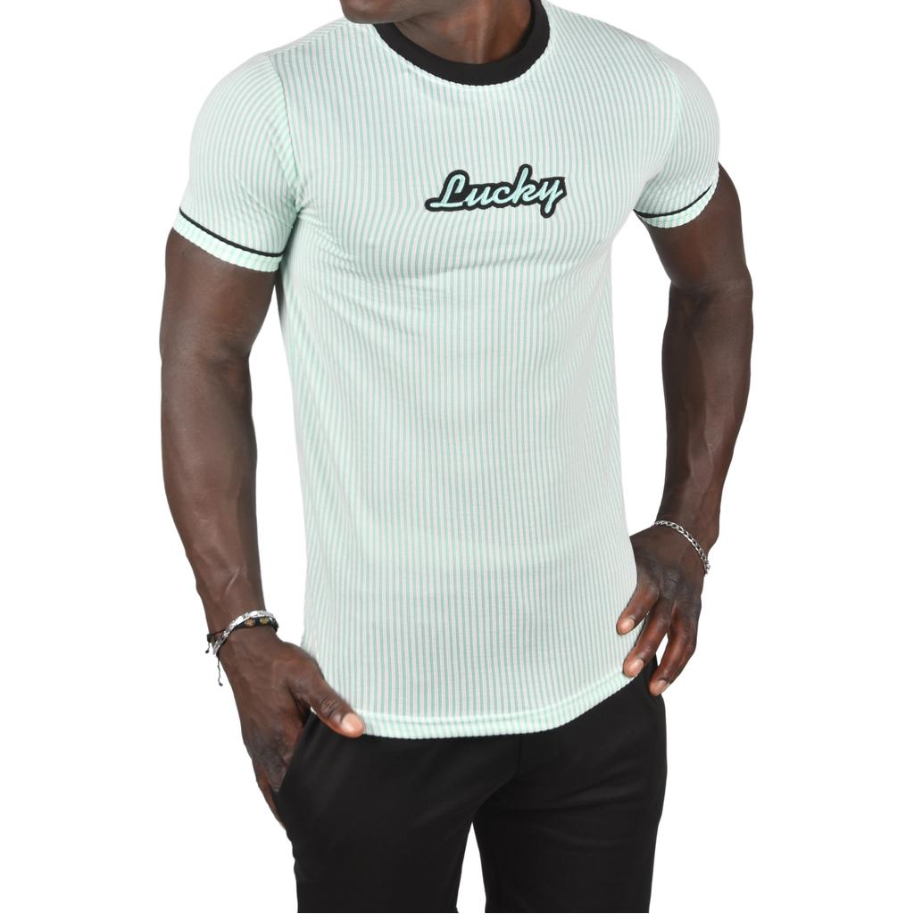 DeepSEA Slim Fit Lycra Striped Collar and Striped Sleeves Lucky Text T-Shirt 2403201