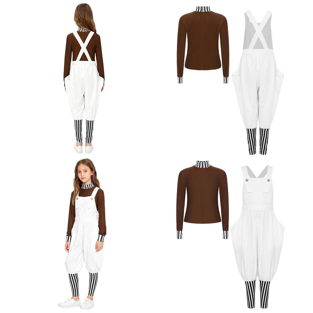 All-in-One Boys Factory Worker Cosplay Set: Contrast Color Mock Neck Top & Striped Overalls with Adjustable Back Straps