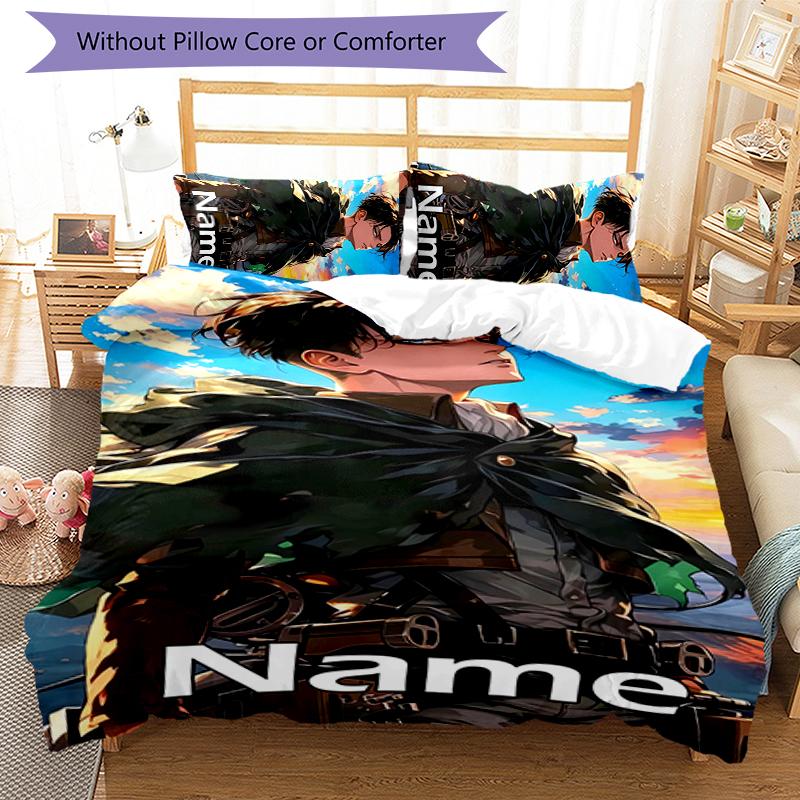 3pcs Custom Name Attack On Titan Bedding Set Duvet Cover Closure Includes 1 Duvet Cover & 2 Pillowcases for All Seasons Bedroom Decor