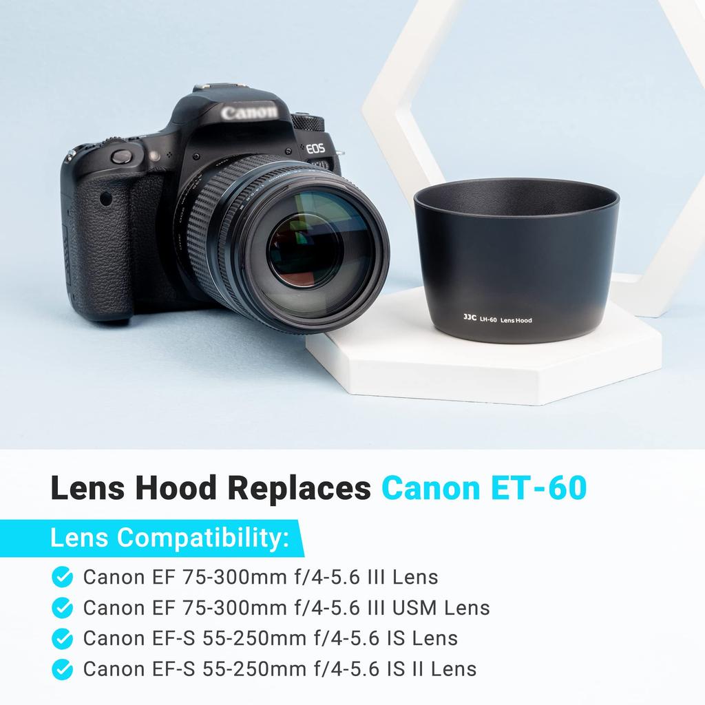 JJC Lens Hood Compatible with Canon Fits Canon EF III IS II Compatible with Protective Filters and Lens Caps ET-60, 75-300mm F/4-5.6 USM/EF-S 55-250mm