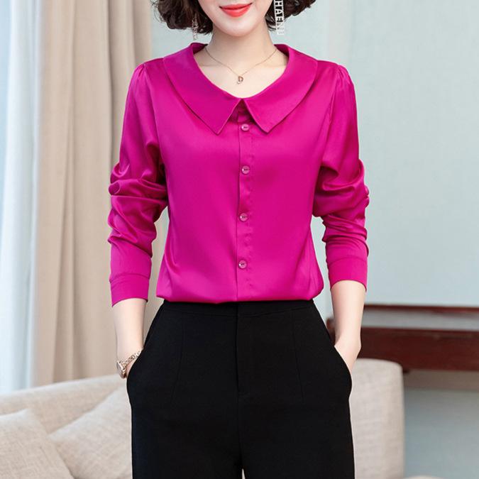 Camisa de satén de manga larga con cuello de muñeca para mujer, color rojo, versátil y moderna, para otoño