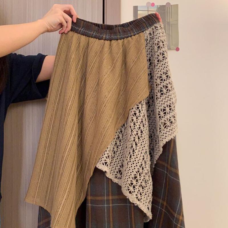 Fustă Midi Asimetrică Carouri de Toamnă Iarnă Stil Coreean pentru Femei, Fustă Lungă cu Tiv Patchwork Retro