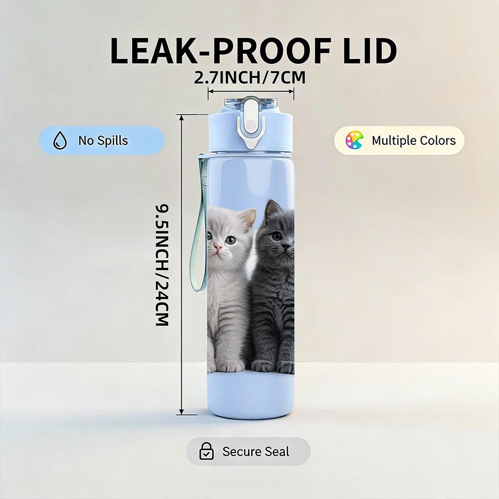 1PC Two Gray Kitten Cat Portrait Print 750ml Color Plastic Sports Water Bottle Leakproof Flip Straw Lid Suitable for Sports Office Home Use