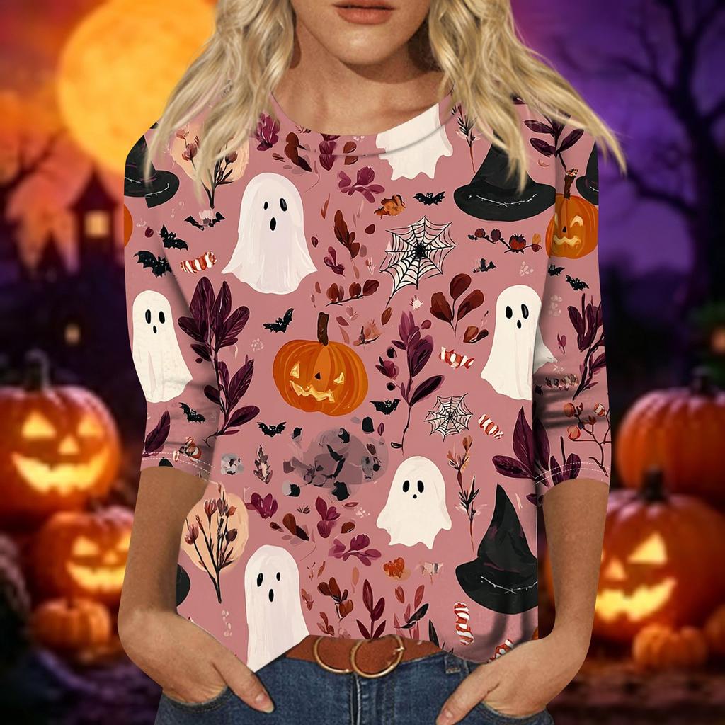 Women's Casual Halloween Print Top Three Quarter Sleeve Crew Neck Shirt Lightweight Comfortable Fit Seasonal Design