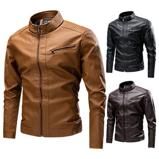 Solid Color Stand Collar Long Sleeves Pockets Zipper Placket Men Jacket Autumn Winter Fleece Lining Faux Leather Motorcycle Windbreaker