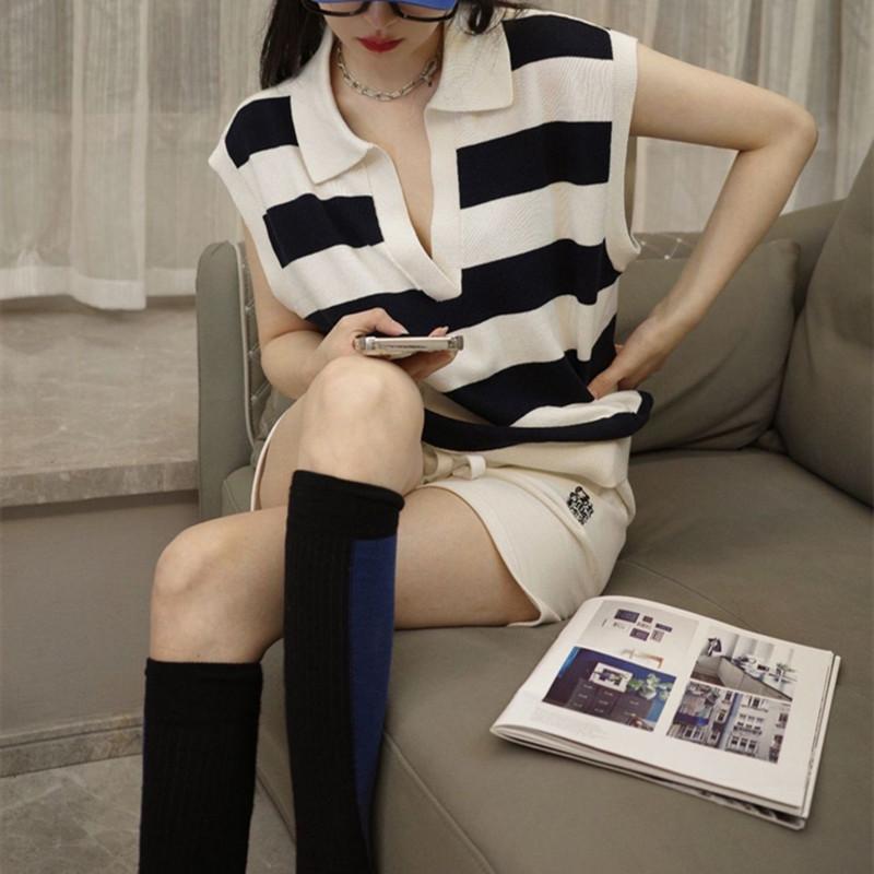 Fashion Lapel Striped Knitted Short Sleeve T-shirt Women V Neck Loose Casual Office Top Spring Summer Elegant Simple Blouse Female Clothing