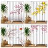 Oriental Cherry Blossom Shower Curtain Watercolor Floral Print Waterproof Bath Curtain For Bathroom Decor Polyester With Hooks