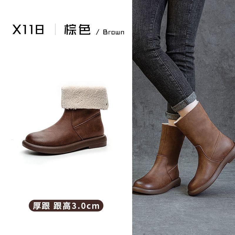 Winter retro versatile leather snow boots women's Korean version fashion velvet boots two wear casual black cotton shoes