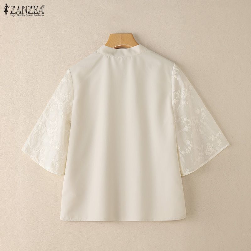ZANZEA Women Casual V-Neck Splice Half Sleeve Loose Blouse