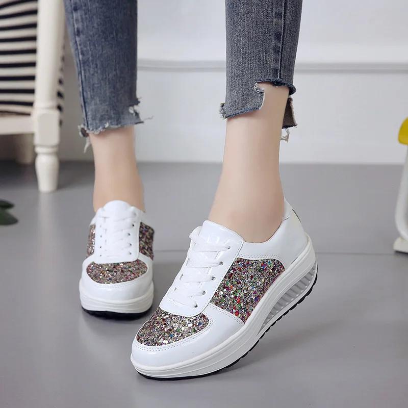 Fashion Woman Shoes Spring Luxury Casual Sneakers Breathable Lace Up Black Fashion Mirror Heel Board Shoes for Women Tenis Femenino