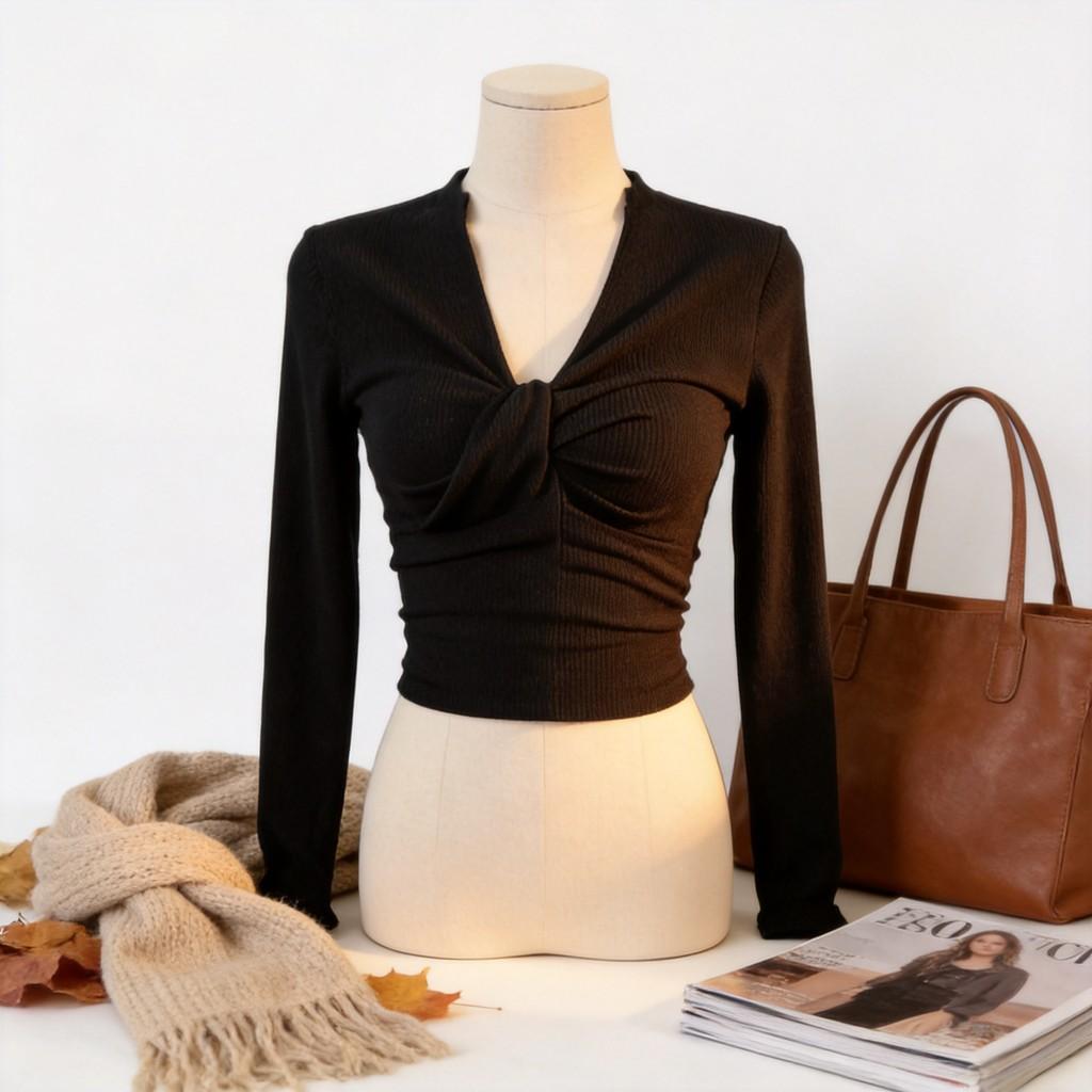 Long Sleeve T Shirt For Women Short Crop Top With V Neck For Autumn Casual Wear