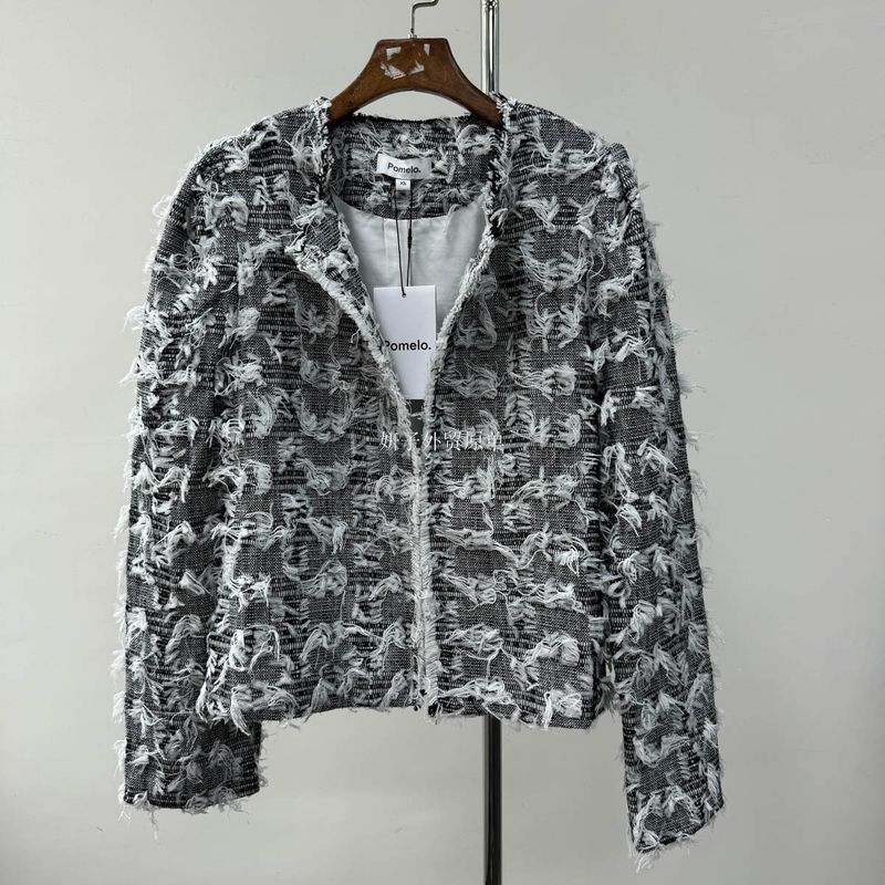 

Thailand Single Pomelo Pure Original Single French style Layered Fashionable round Neck Frayed Fringe Short coat Fashionable All-Match Black/White Tweed Tassel Outwear S