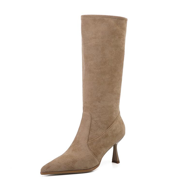 Song Xixi Apricot High Heel Slouch Cowboy Ankle Boots - Versatile Mid-Calf Stiletto for Women
