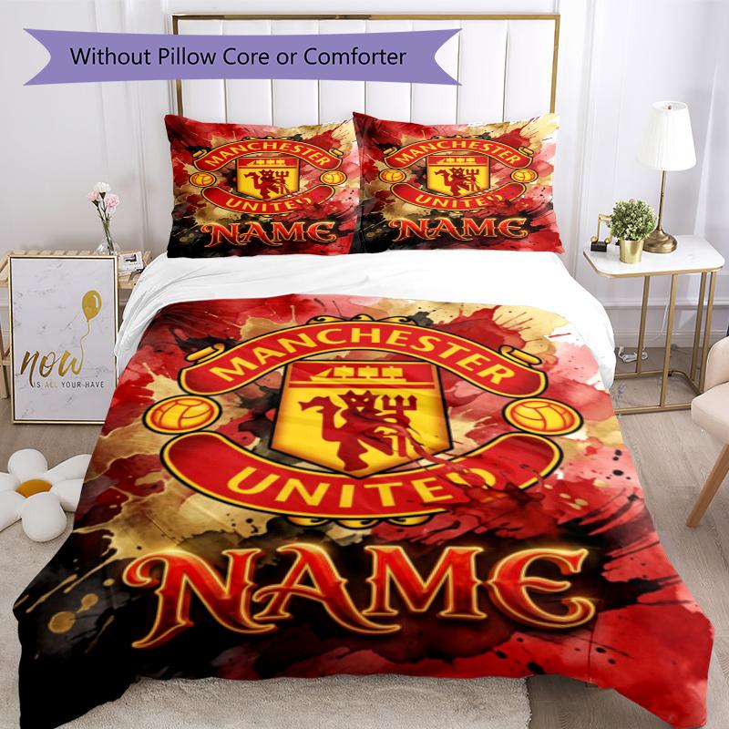 Manchester Football Logo Personalized Name Bedding Set,Breathable Bed Linen for Guest Room Decoration,Perfect Housewarming Gift,All Season Duvet Cover