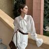 1116 Spring and Summer Cool Tencel White Shirt Strap Bow Mesh Perspective Horn Sleeve Women's Shirt