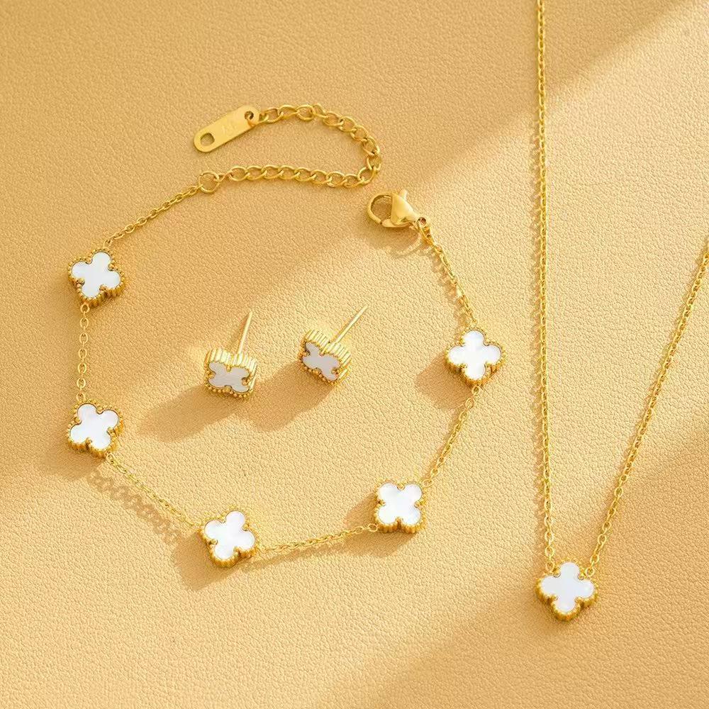 9mm Double-Sided Four-Leaf Clover Necklace & Bracelet Set: Titanium Steel, Light Luxury, Fashionable Collarbone Chain for Women