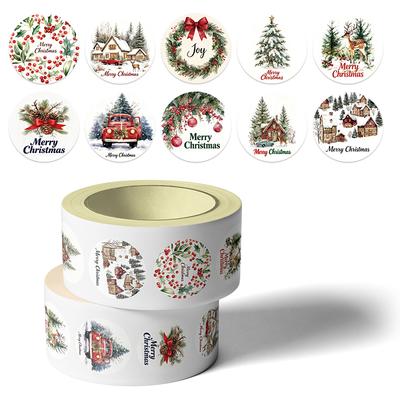 500PCS Christmas Stickers Roll Merry Christmas Stickers Labels Roll 1.5 Inch 10 Designs Round Christmas Tags Christmas Wreath
