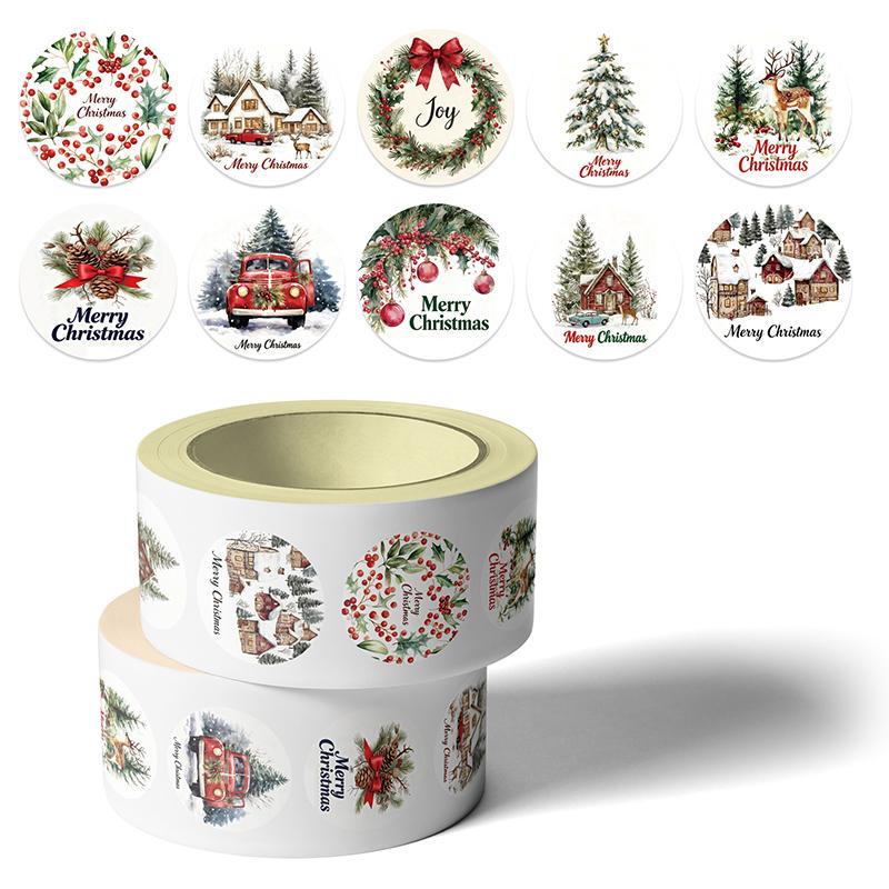 500PCS Christmas Stickers Roll Merry Christmas Stickers Labels Roll 1.5 Inch 10 Designs Round Christmas Tags Christmas Wreath