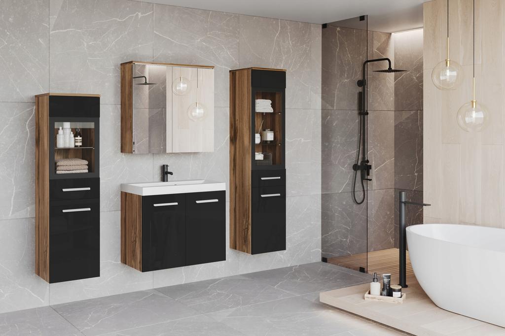 Wall-hung Bathroom Set with Washbasin, Pillars, and Mirror, Glossy Black Wotan