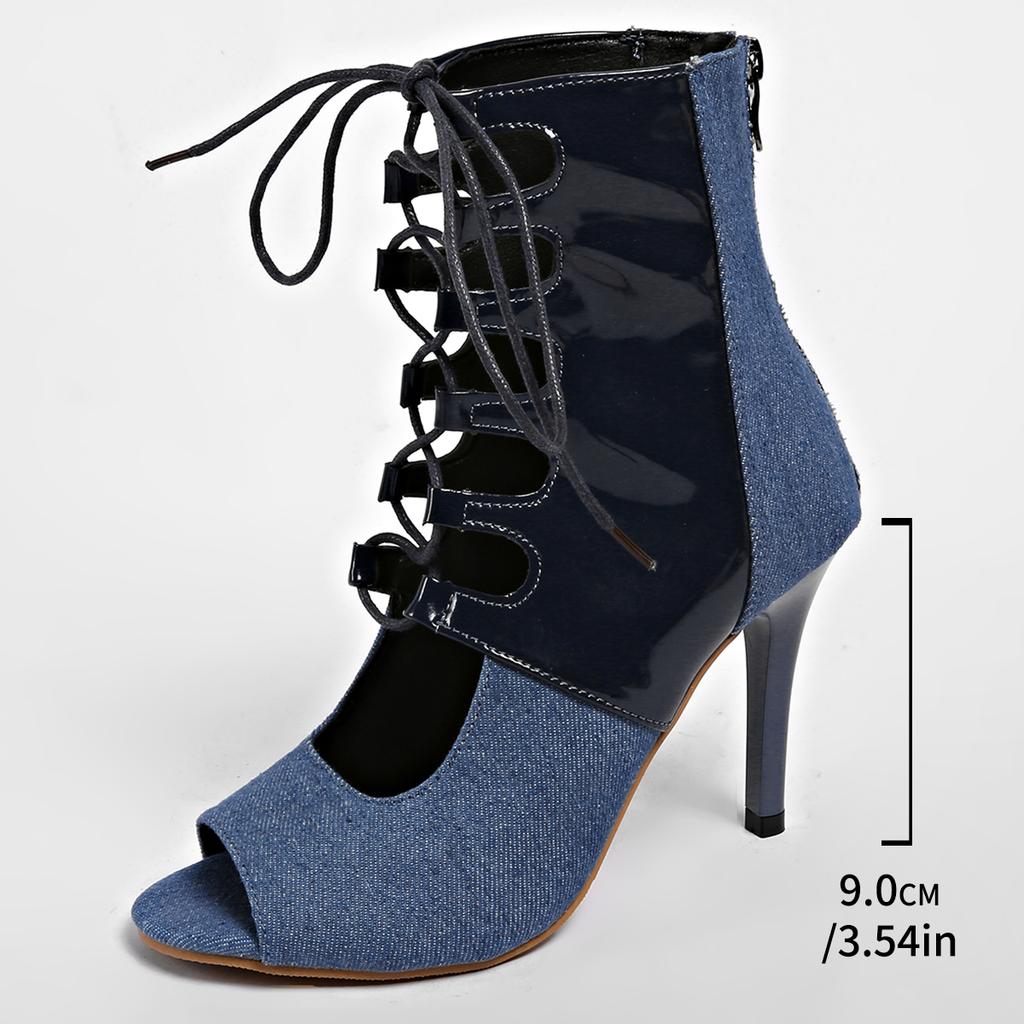 Fashion Patent Leather Mixed Denim Ankle Boots Woman High Heel Cut-Out Design Lace-up Canvas Booties Ladies Latin Tango Salsa Dance Shoe