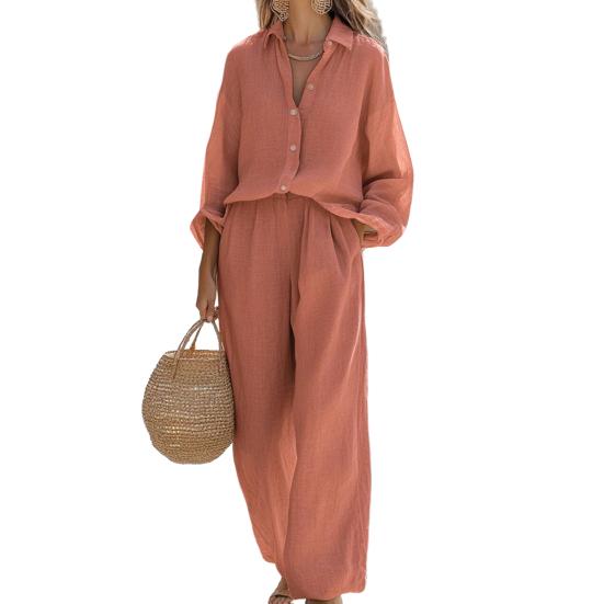 Damen Casual Zweiteiler Outfit Langarm Button-Down T-Shirt und Weitbein Hose Set Herbst Frühling Lounge Set