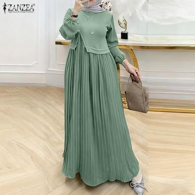 Women Casual Round Neck Solid Color Long Sleeve Dress