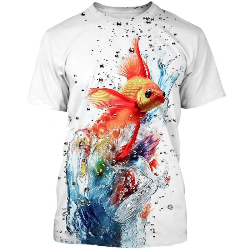 Fashion Clothing Crew Neck Short Sleeve 3D Goldfish Color Printed Goldfish Short Sleeve Crew Neck T-Shirt XS