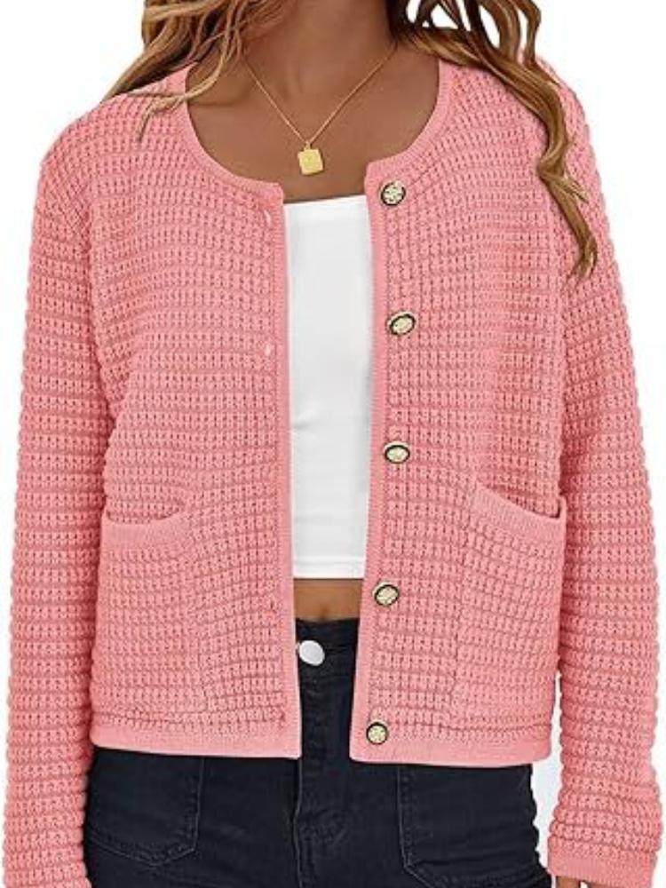 

Женский короткий вязаный кардиган без рукавов с золотыми пуговицами, круглым вырезом, накладными карманами, разных цветов XL персиковый