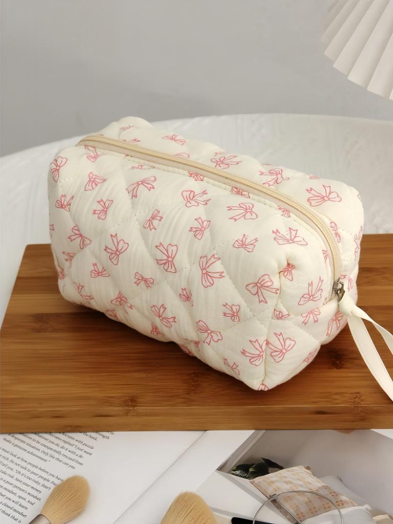 New Bowknot Quilting Women Cosmetic Bag Cute Zipper Travel Makeup Pouch Cotton Aesthetic Storage Bag Skincare Organizer