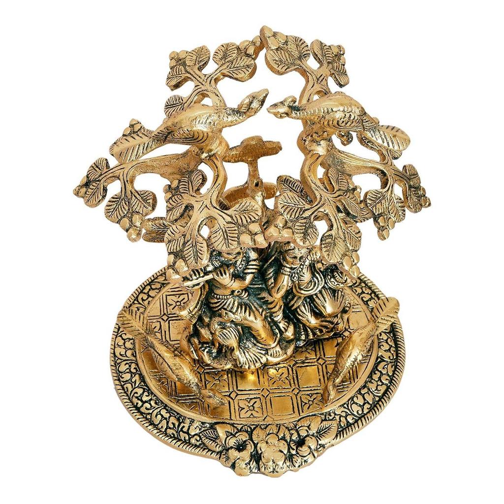 Metal Radha Krishna Idol Showpiece Figurine, Height 19 cm, Gold Antique Finish